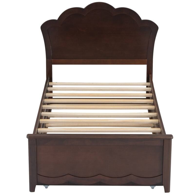 Solid Wood Platform Bed with Twin Size Trundle, Twin/Full Size Bed Frame with Headboard and Slats Support