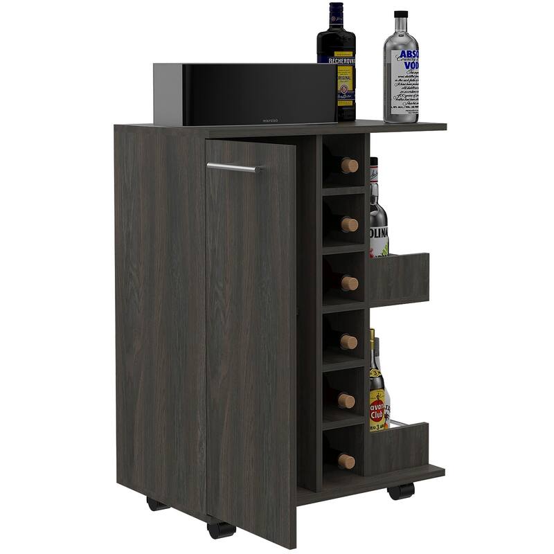 TUHOME Bar Cart, Two External Shelves, Four Casters, Six Built-in Wine Rack and Single Door Cabinet - 23" W x14"D x 32"H