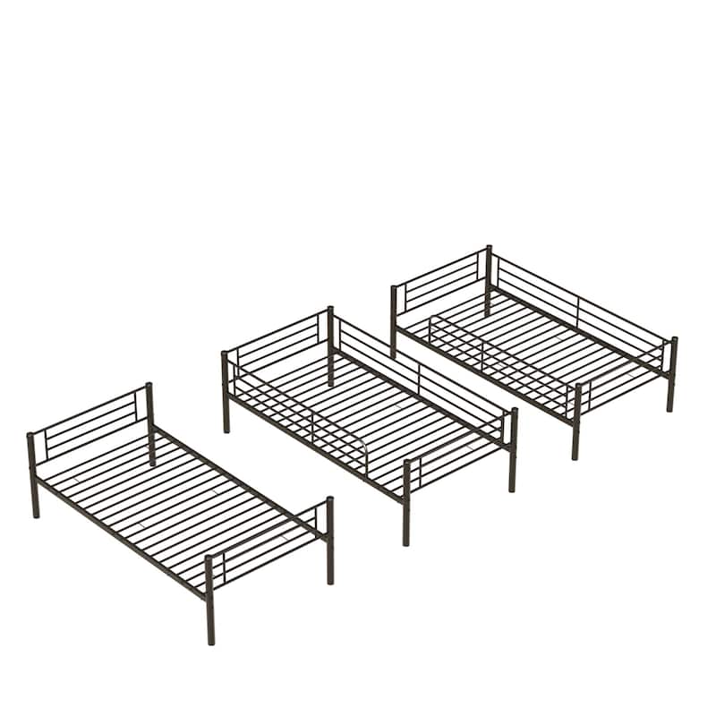 Triple Twin Metal Bunk Bed with Guardrails and Ladders, Convertible Design, Detachable into Three Separate Beds