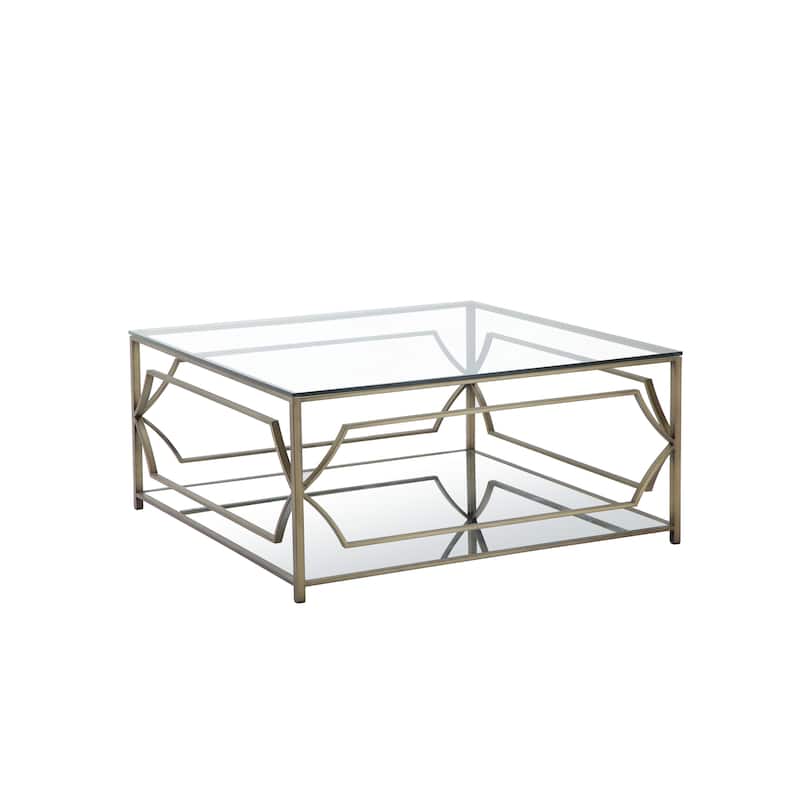 Square Coffee Table with Glass Top and Metal Frame, Brass