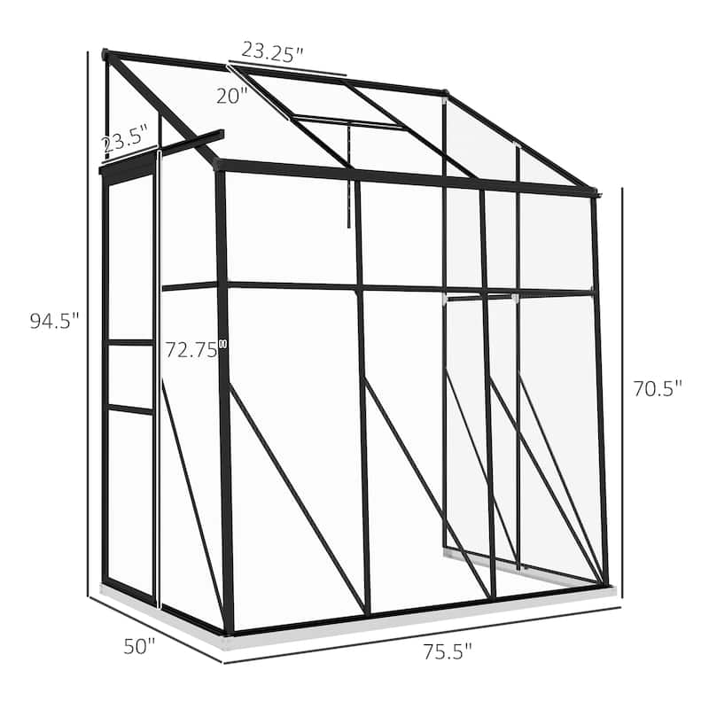 Outsunny 6' x 4' Lean-to Polycarbonate Greenhouse, Walk-in Hobby Green House with Sliding Door, 5-Level Roof Vent, Rain Gutter