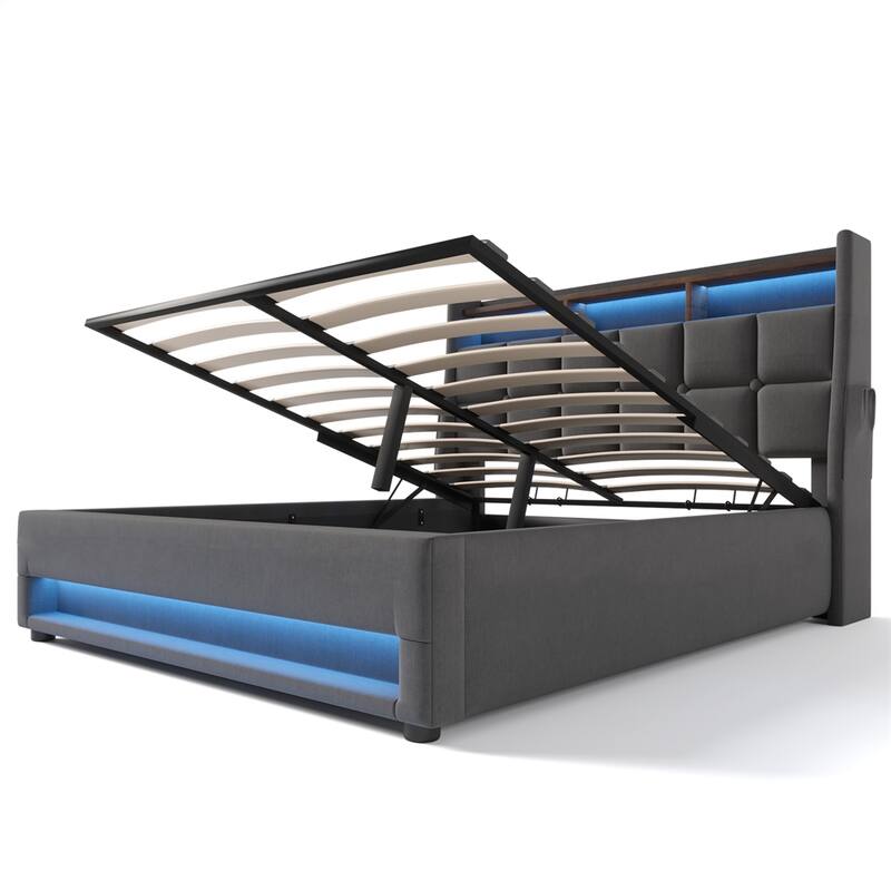 Queen Size Upholstered Platform Bed w/ a Hydraulic Storage System, LED