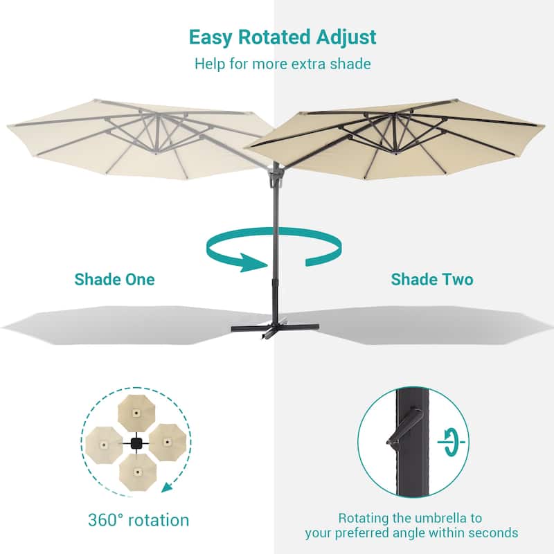 BONOSUKI 11FT LED Cantilever Patio Umbrella 360 Rotation w/Cross Base