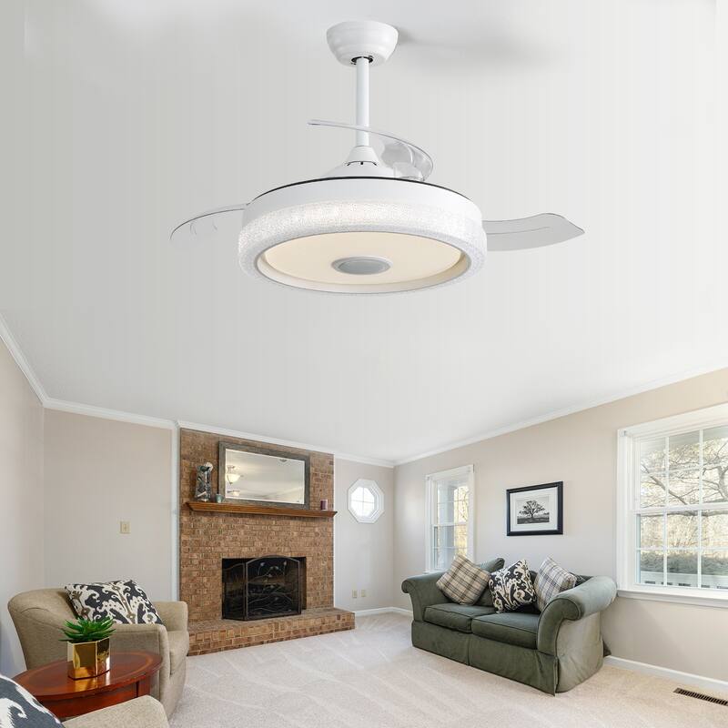 Modern 42 Inch Invisible Ceiling Fan with Bluetooth Player & Retractable ABS Blades, Dimmable LED Ceiling Fan Light, White