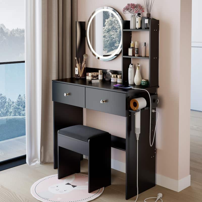 Vanity Desk with Adjustable LED Lighted Mirror, Makeup Vanity Table Set, Dresser Table with Power Outlet, Shelves & Drawers