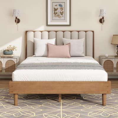 Queen Size Wood Platform Bed with Upholstered Headboard