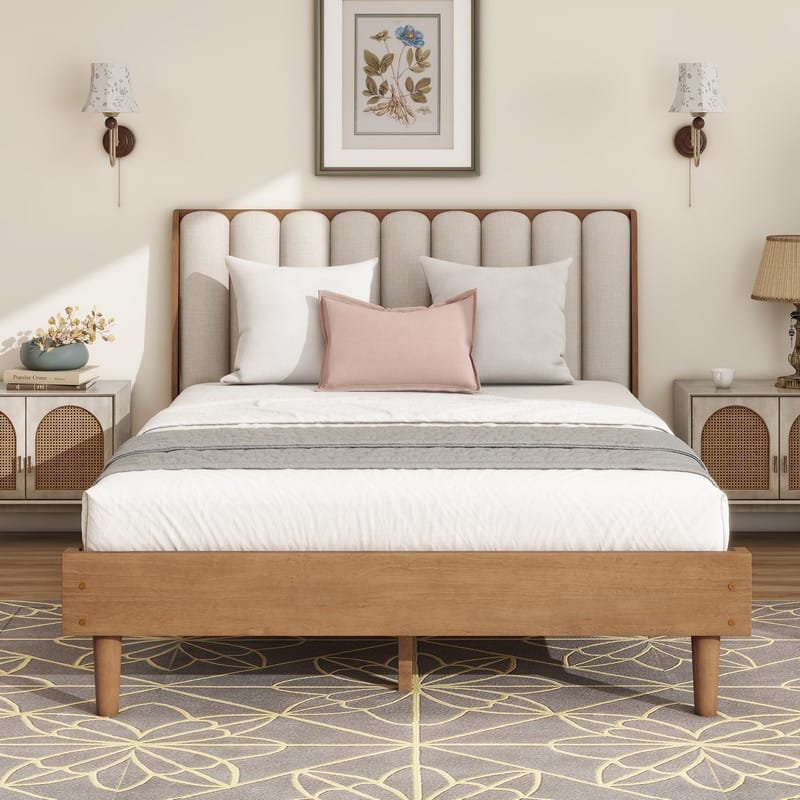 Queen Size Wood Platform Bed with Upholstered Headboard