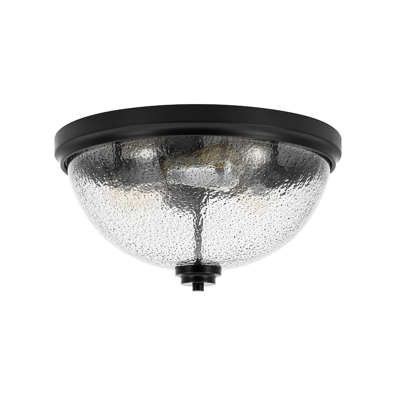15.9" W 3-Light Vintage Matte Black Dome Metal Flush Mount Bowl Ceiling Light with Transparent Black Textured Glass for Foyer