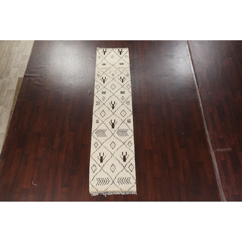 Trellis Tribal Moroccan Oriental Runner Rug Hand-knotted Wool Carpet - 2'6" x 10'8"