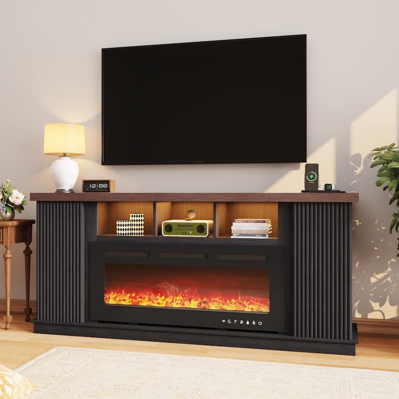 Erommy 70" TV Stand with Electric Fireplace Heater, Media Entertainment Center Console for TVs up to 80" with Storage Cabinet