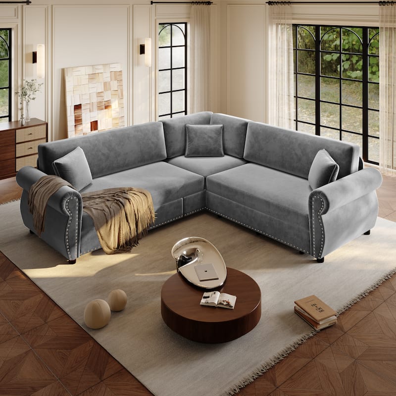 88.2" L-Shaped Sleeper Sectional Sofa with Pull-Out Bed - Chenille Convertible Couch, Nailhead Trim, for Living Room