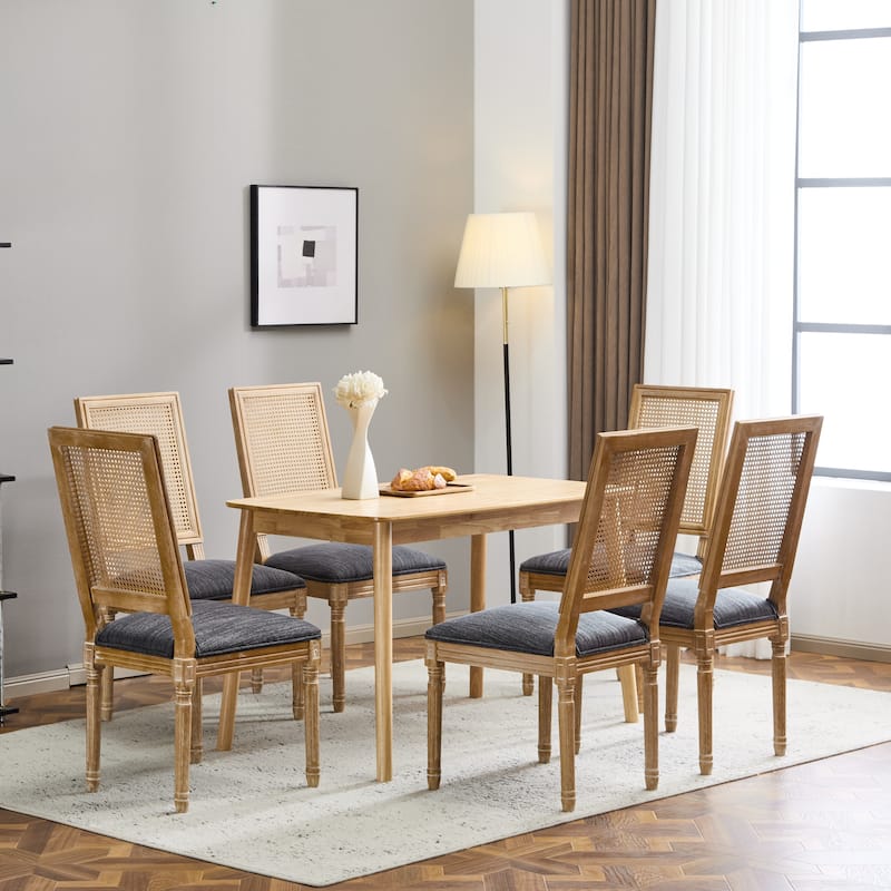 [Set of 6] French Country Dining Chairs-0Elegant Cane Backrest & Upholstered Seats with Fluted Legs- Solid Rubberwood Frame