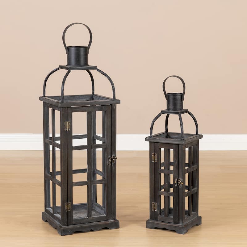 Glitzhome Farmhouse Wooden Metal Cage Candle Holders Patio Hanging Vintage Lanterns (Set of 2)