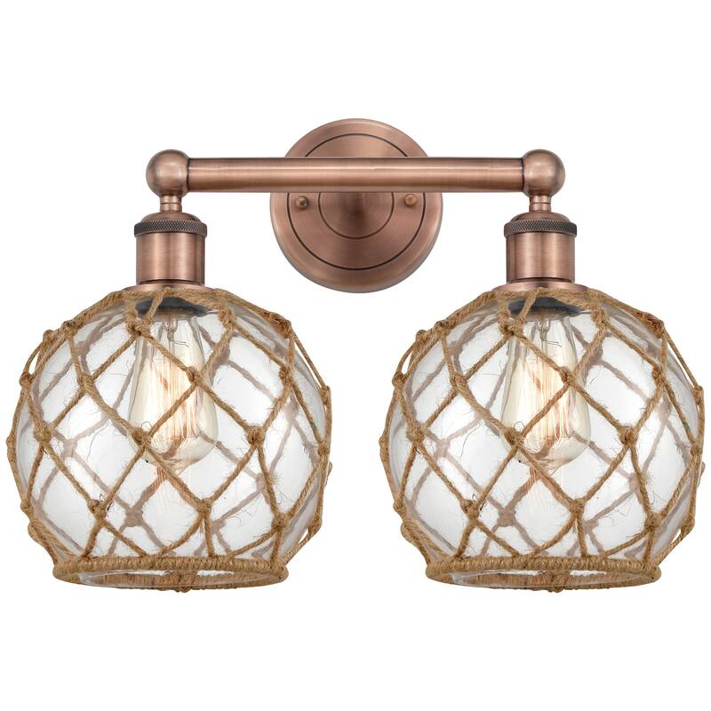 Innovations Lighting 616-2W-13-17 Farmhouse Rope Vanity Farmhouse Rope - Antique Copper / Clear Glass with Brown Rope
