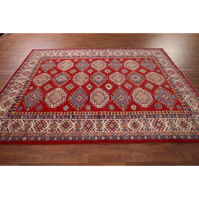 Hand Knotted Oriental 100% Wool Carpet Traditional Geometric Red Kazak Area Rug - 9' 6'' X 6' 7''