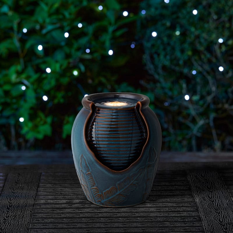 Glitzhome 9"H Leaf Textured Ceramic Jar Indoor Tabletop Water Fountain with LED Lights