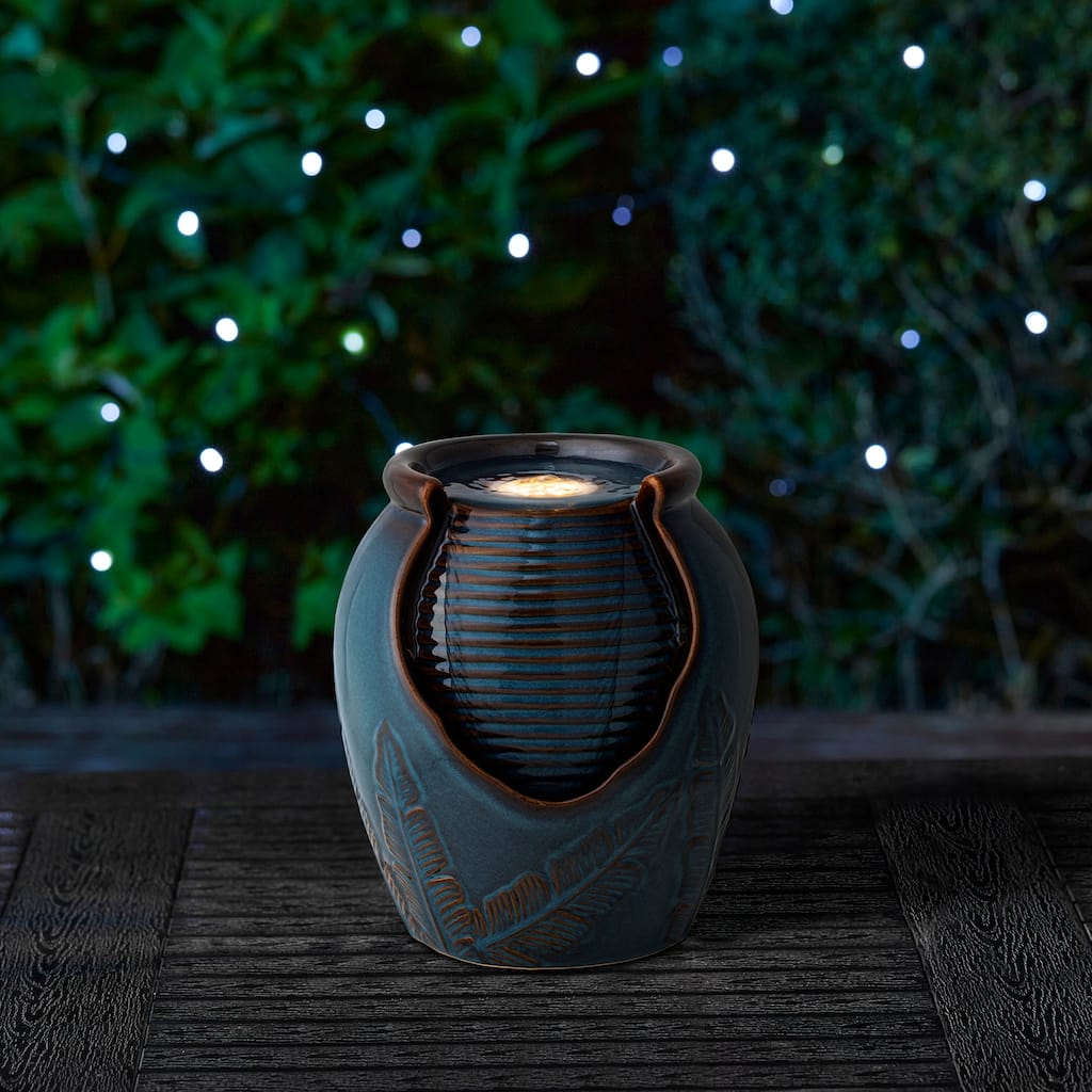 Glitzhome 9"H Leaf Textured Ceramic Jar Indoor Tabletop Water Fountain with LED Lights