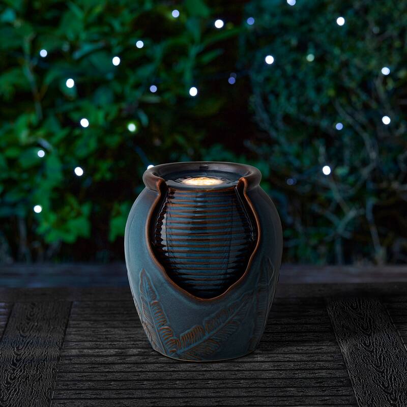 Glitzhome Leaf Textured Ceramic Jar Indoor Tabletop Water Fountain with LED Lights