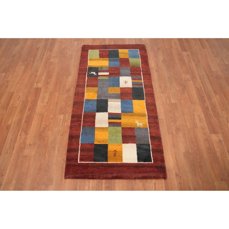 Hand Knotted Oriental 100% Wool Carpet Modern Checkered Multi-Colored Gabbeh Runner Rug - 4' 8'' X 2' 4''