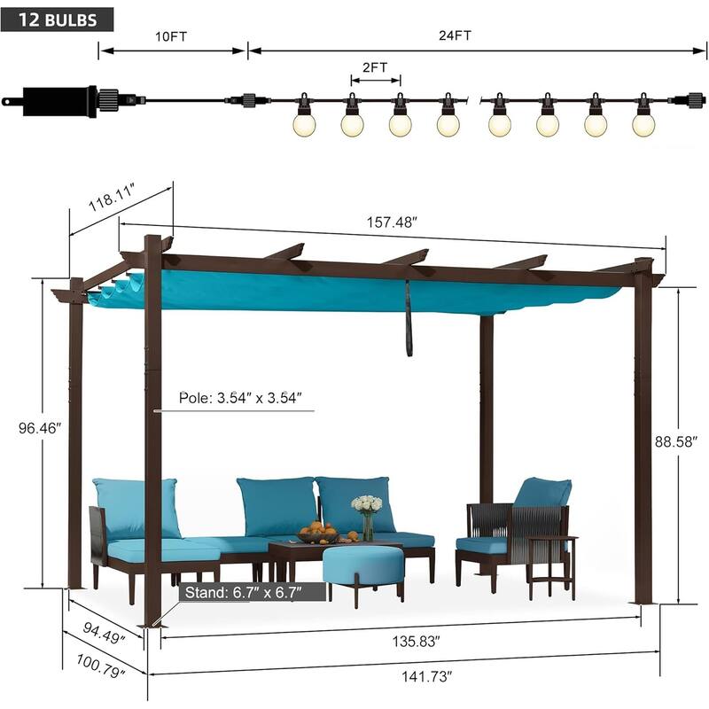 PURPLE LEAF Outdoor Retractable Bronze Metal Pergola w Canopy for Beach Deck Gazebo