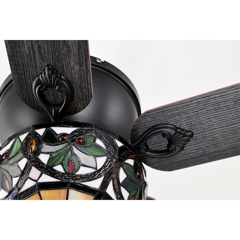 Peacoo 52-Inch Flushmount Lighted Ceiling Fan Ivory Leaf Berry Tiffany Glass Lamp Black Finish