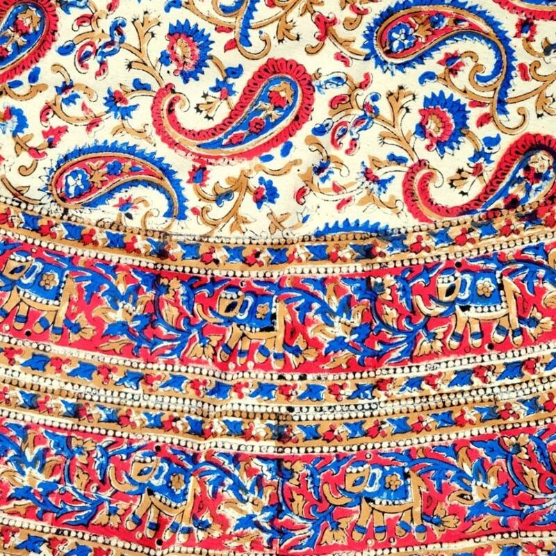 Eternal Bohemian Floral Block Print Tablecloth Round, Beige - Paisley Elephant, Red Blue Tan