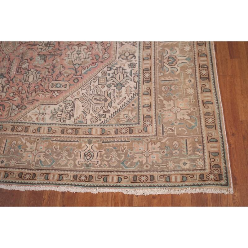 Pink Geometric Mashad Persian Vintage Area Rug Handmade Wool Carpet - 8'1"x 11'1"