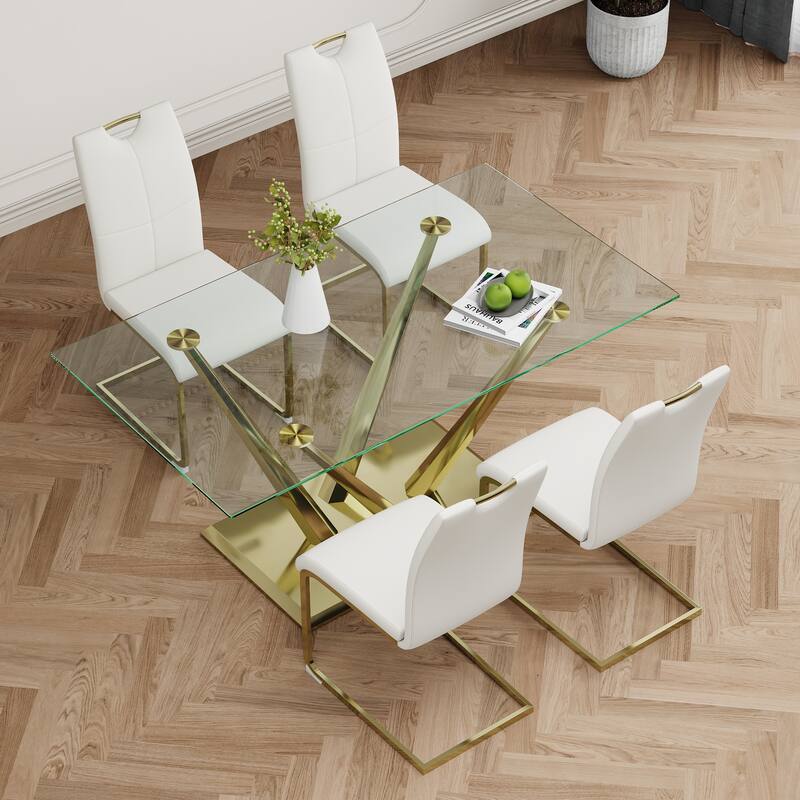 5-Piece Rectangular Dining Table Set for 4 Modern 63" Tempered Glass Kitchen Table with 4 Chairs, Luxury Dining Room Table Set