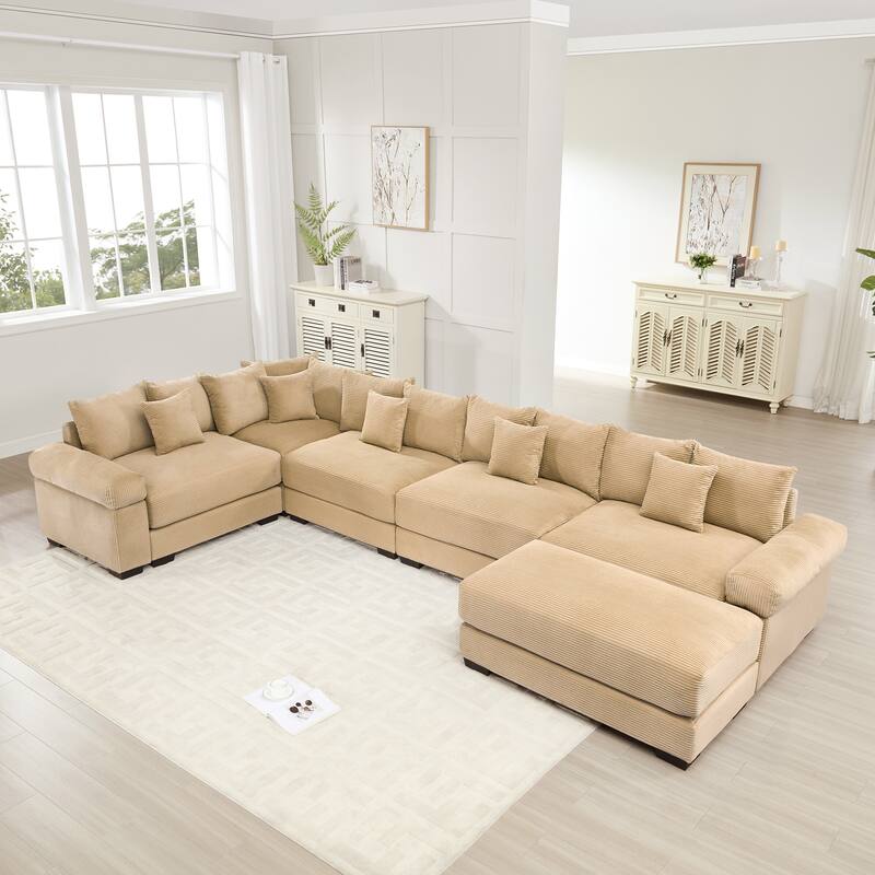 5-Seat Convertible Cloud Corduroy Modular Sofa with 16 Throw Pillows - Camel-with 1 Ottoman
