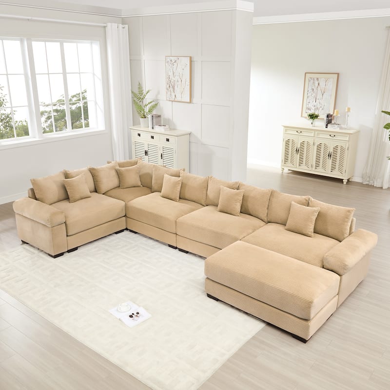 GDFStudio - Corduroy 5-Seater 154.6" Cloud Modular Sectional Couch with Ottoman - Camel