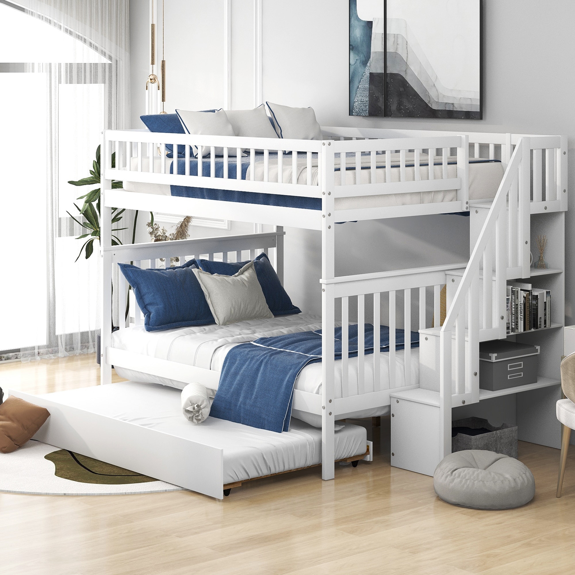 Vertical Slats Style White Full over Full Wood Bunk Bed with