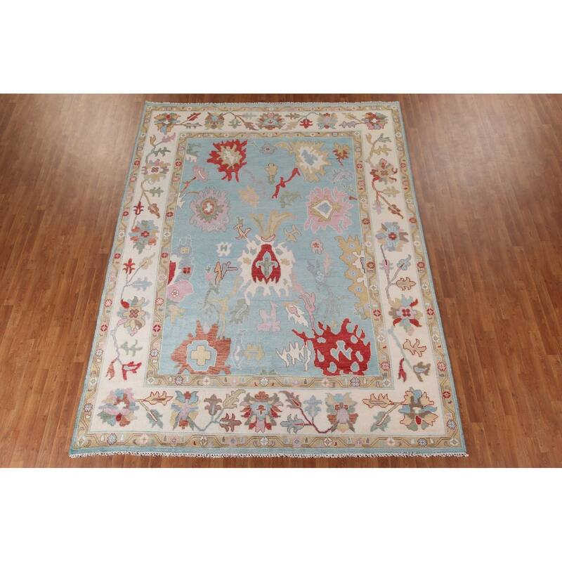 Light Blue Floral Oushak Rug Hand-Knotted Oriental Wool Carpet - 8'10"x 11'10"
