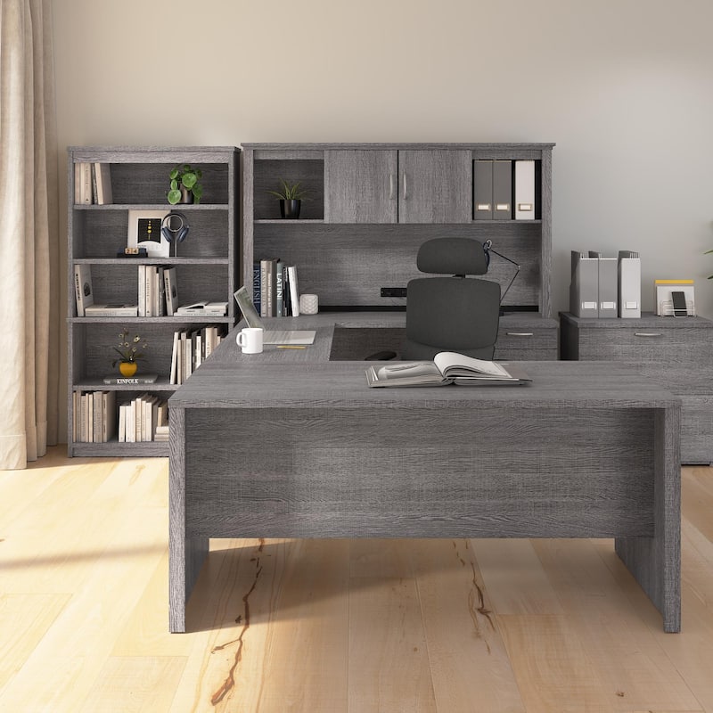 Bestar Logan 66W U-Shaped Desk with Hutch, File Cabinet, and Bookcase