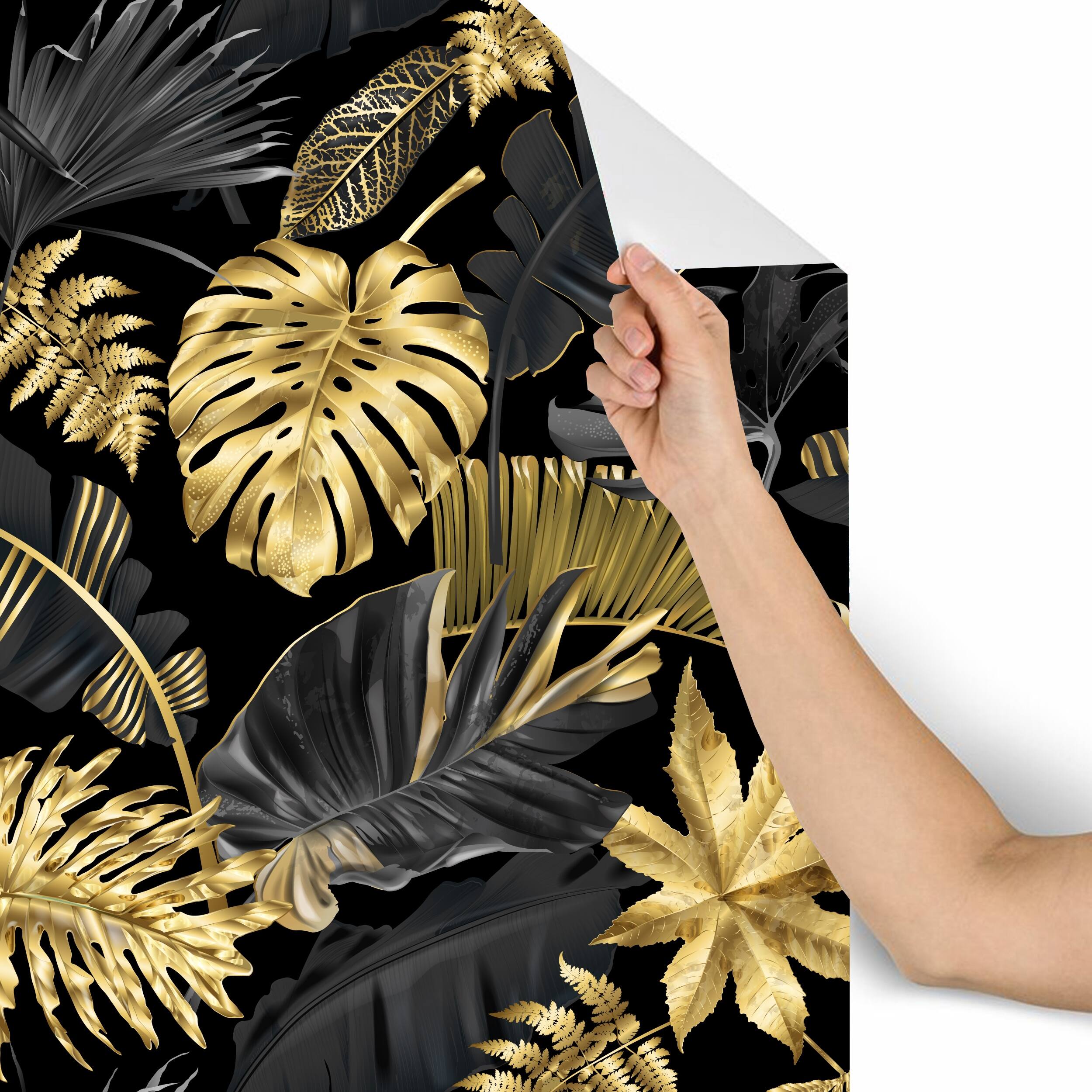 Glam Golden Exotic Leaves Removable Peel-and-Stick Wallpaper - 10’ft H