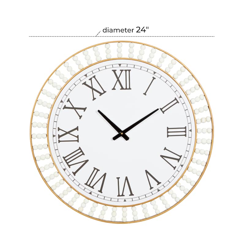 Metal Wall Clock with Gold Frame and Radial Beading - White - Roche River Decor - 2"Wx24"Lx24"H