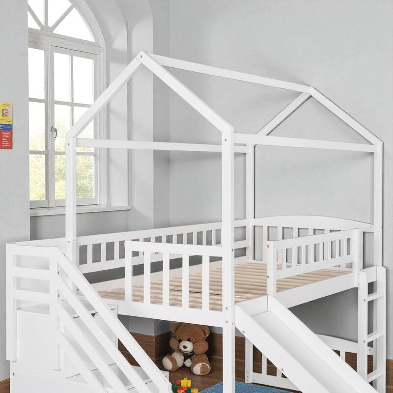 Twin Loft Bed with Slide and Storage Steps, House-Style Kids Bed with Two Drawers and Play Area, No Box Spring Needed