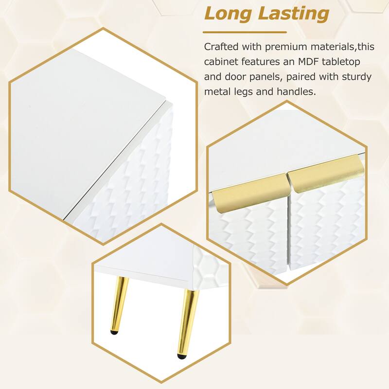 71" Minimalist TV Cabinet with Geometric Honeycomb Pattern - Gold Accents, Cable Management, Storage