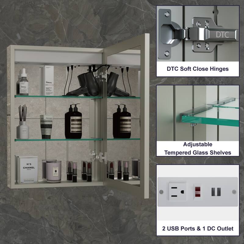 Chloe LED Medicine Cabinet with Mirror, Dimmable, Anti-fog, Adjustable Glass Shelves, Recessed or Surface Mount