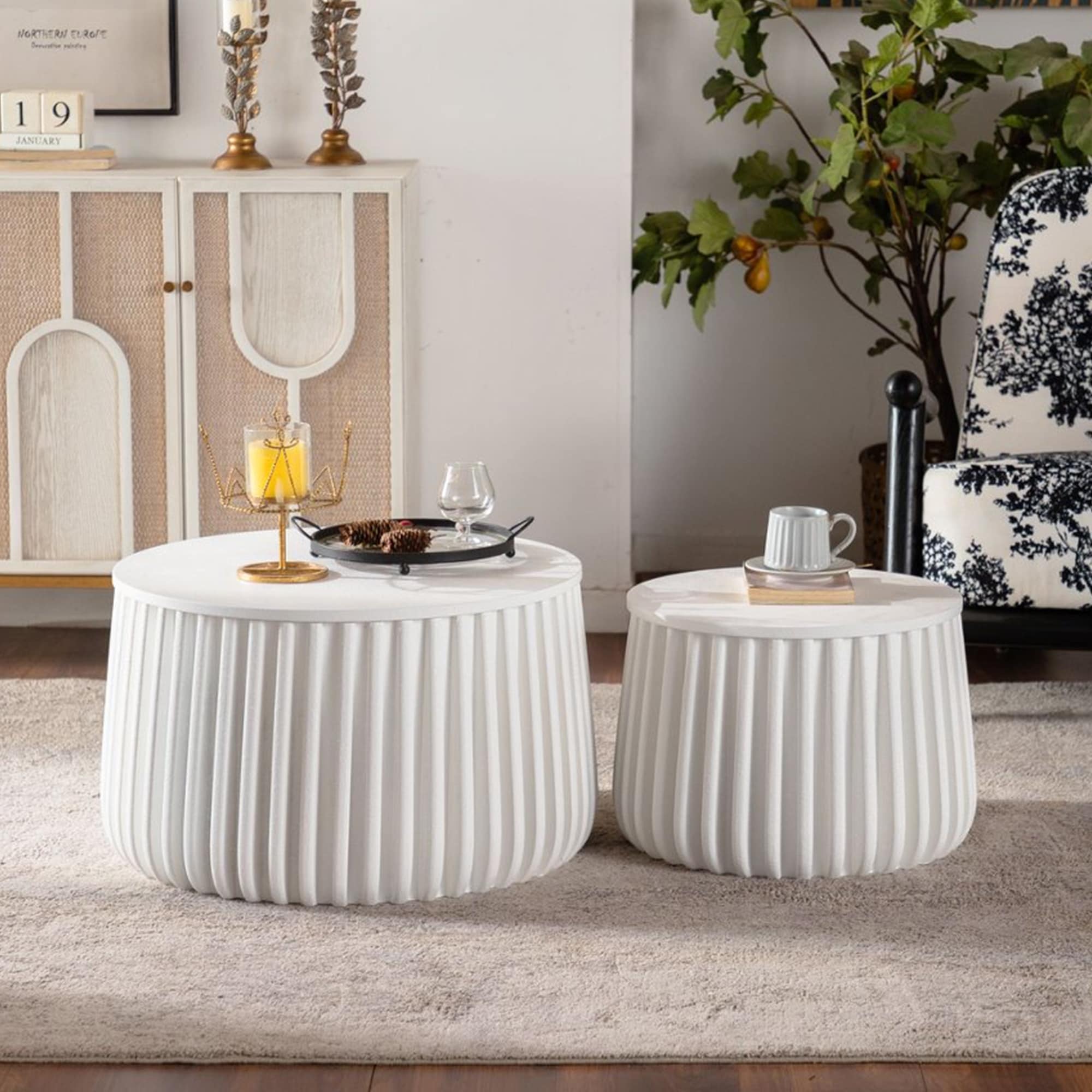 Round Storage Table Side Table Set of 2 with Hidden Storage, Cream White End Table Center Table Coffee Table