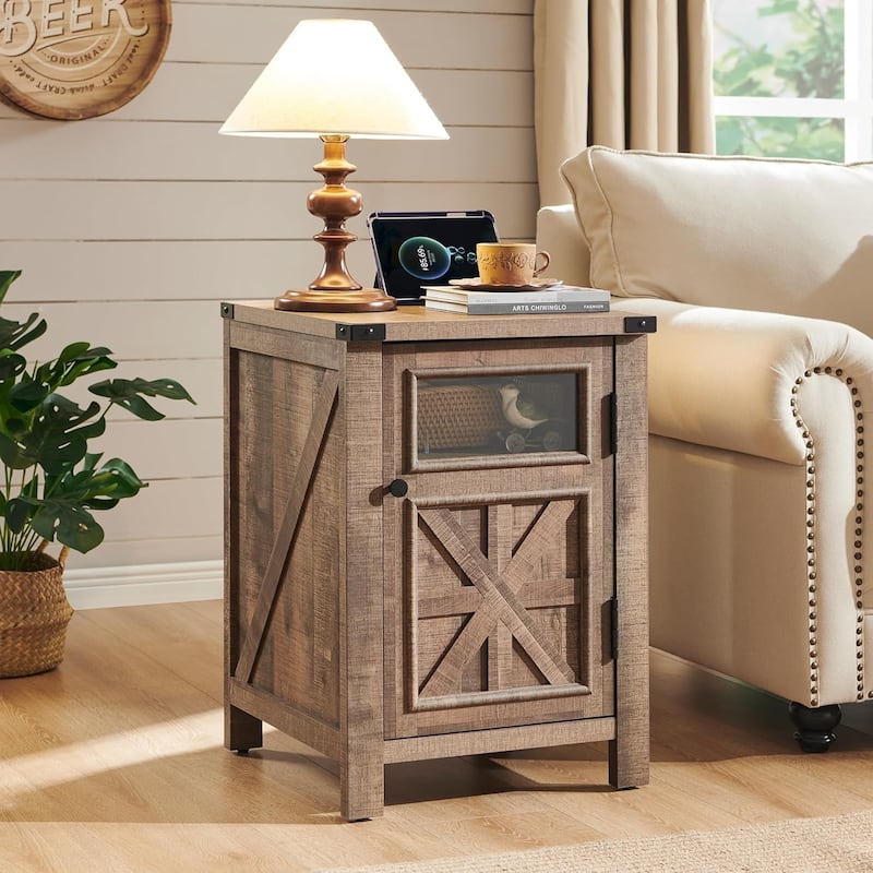 Farmhouse Nightstand with Charging Station, End Table with Barn Door - Warm Brown