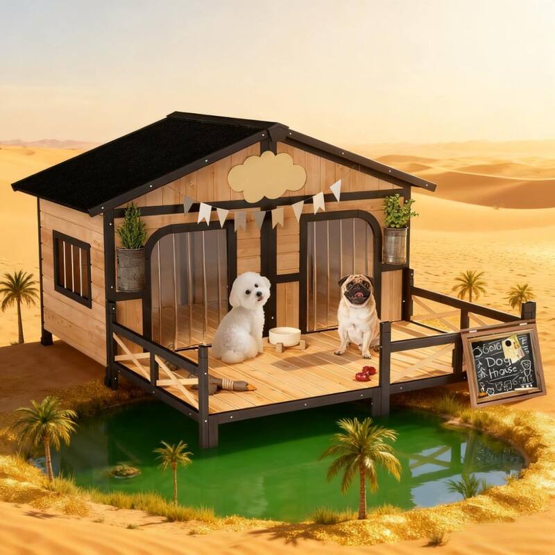 Weatherproof Wooden Dog House with Porch, Openable Roof & Removable Bottom - Elevated Double Room Kennel