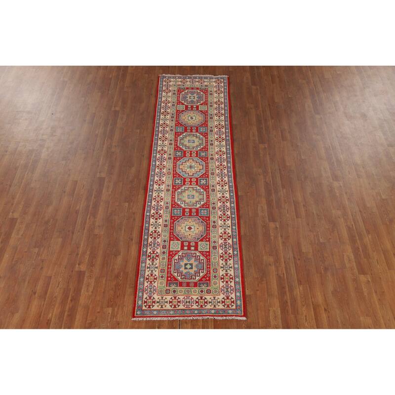Geometric Kazak Runner Rug Hand-Knotted Oriental Red Wool Carpet - 2'9" x 9'11"