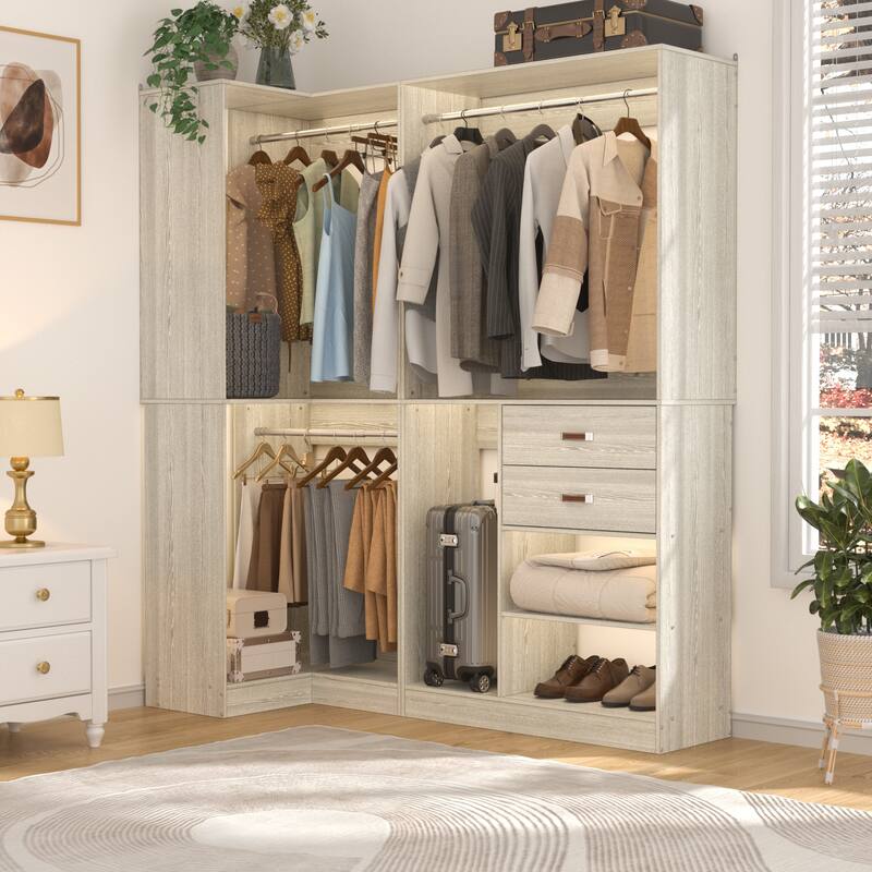 Vryon Set of 2 Corner Closet Organizer, 70.9'' W Closet System with Drawers and Hanging Rods - Suitcase Organizer - Washed Oak