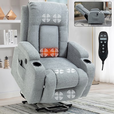 Grey Power Lift Recliner for Elderly with Massage & Heat, USB Charging Ports, Cup Holders, and Adjustable Reclining Positions