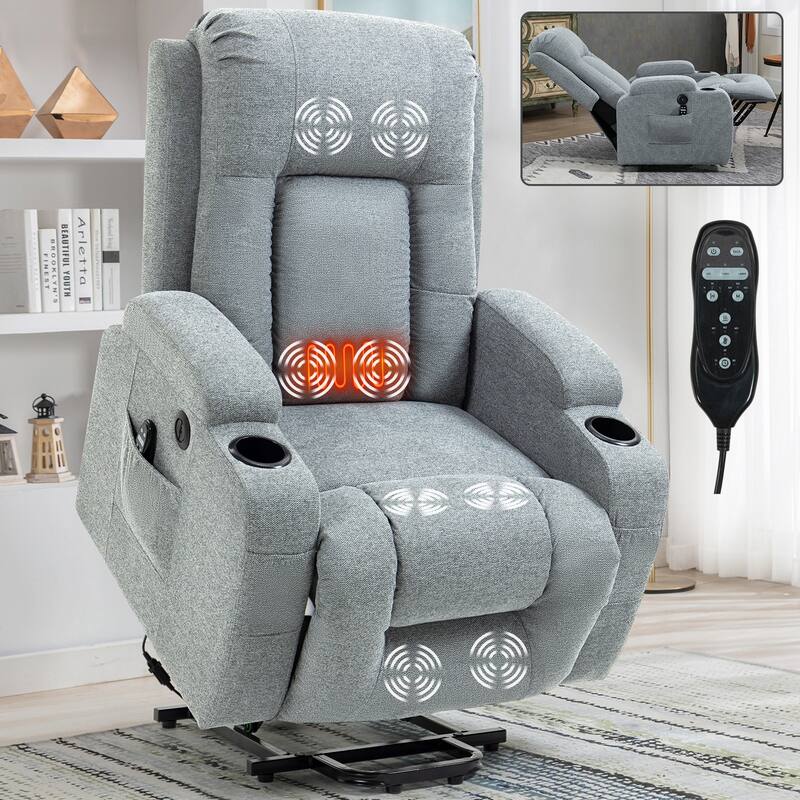 Roomfitters Power Lift Recliner, Heavy Duty Massage Chair with Infinite Positions, Heat, USB and Dual Cup Holders - Grey