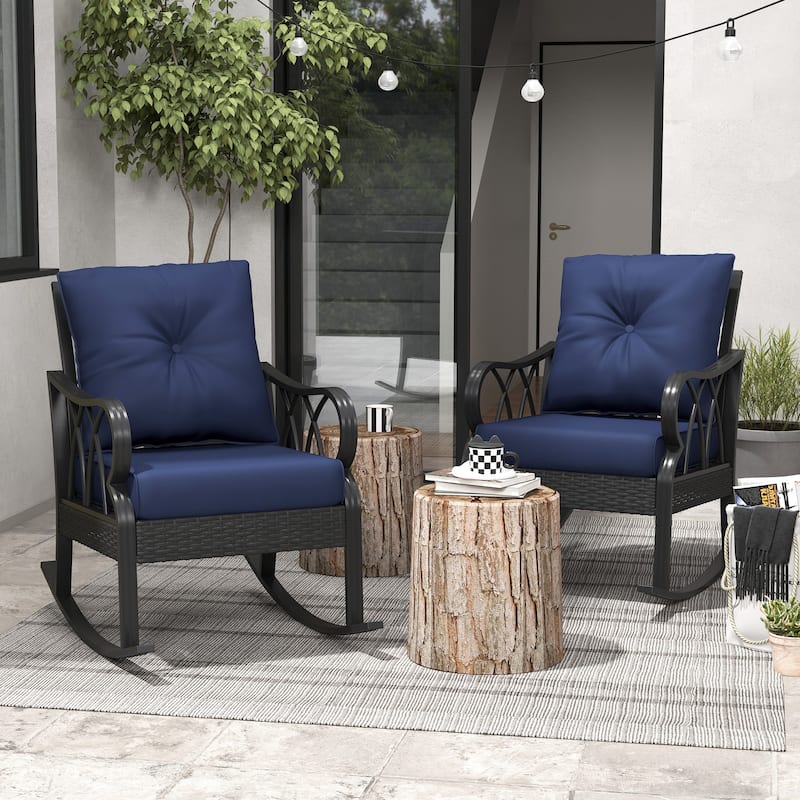 Outsunny 2 Piece Outdoor Wicker Rocking Chairs with Padded Cushions, Aluminum Furniture Rattan Porch Rocker Chairs w/ Armrest - Dark Grey