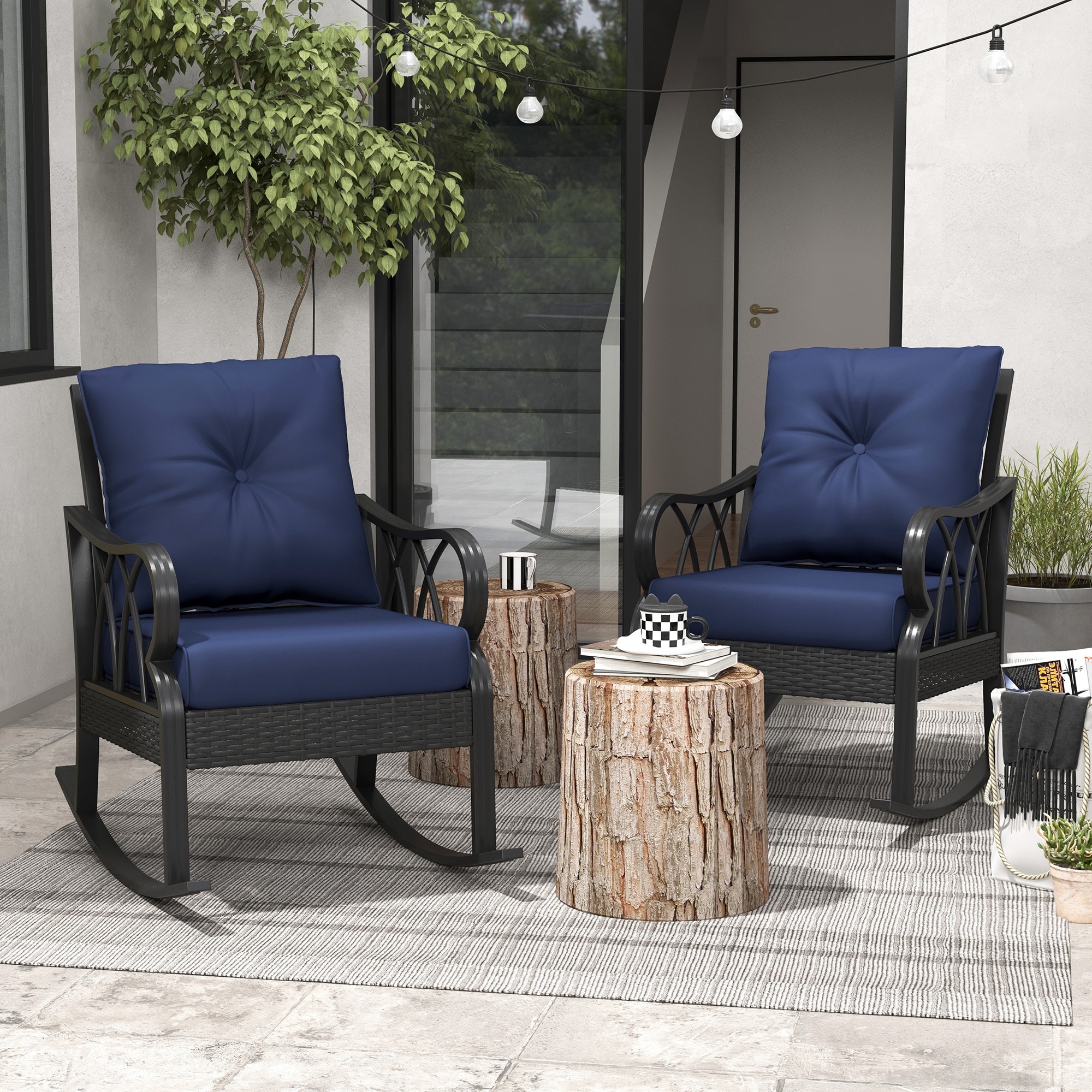 Outsunny 2 Piece Outdoor Wicker Rocking Chairs with Padded Cushions, Aluminum Furniture Rattan Porch Rocker Chairs w/ Armrest