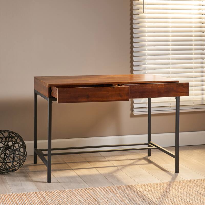Industrial Storage Office Desk with Acacia Wood Top and Metal Legs and 2 Drawers for Home Offices or Study Spaces