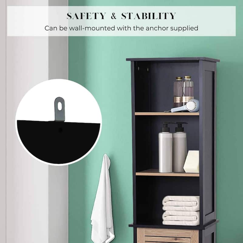 Tall Bathroom Storage Cabinet with Open Shelves and Vented Door, Black and Brown - Bergen Collection - 12 7/8"L x 10.4"W x 68"H