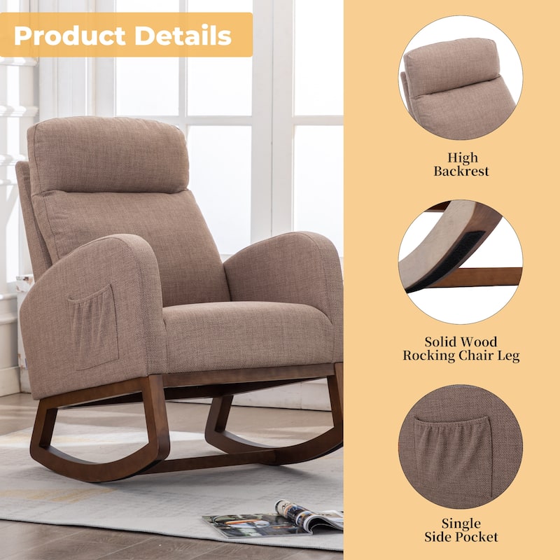 Camel Modern 27" Upholstered Rocking Chair with Wood Legs and Side Pocket